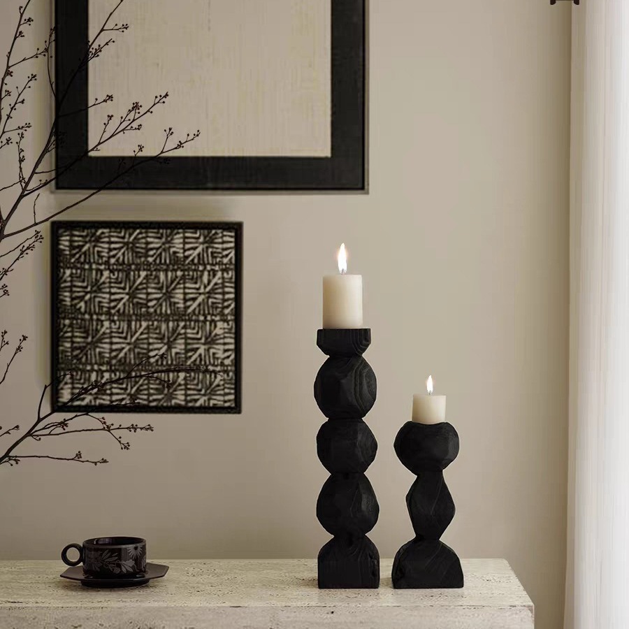 Solid Black Wood Candle Holder