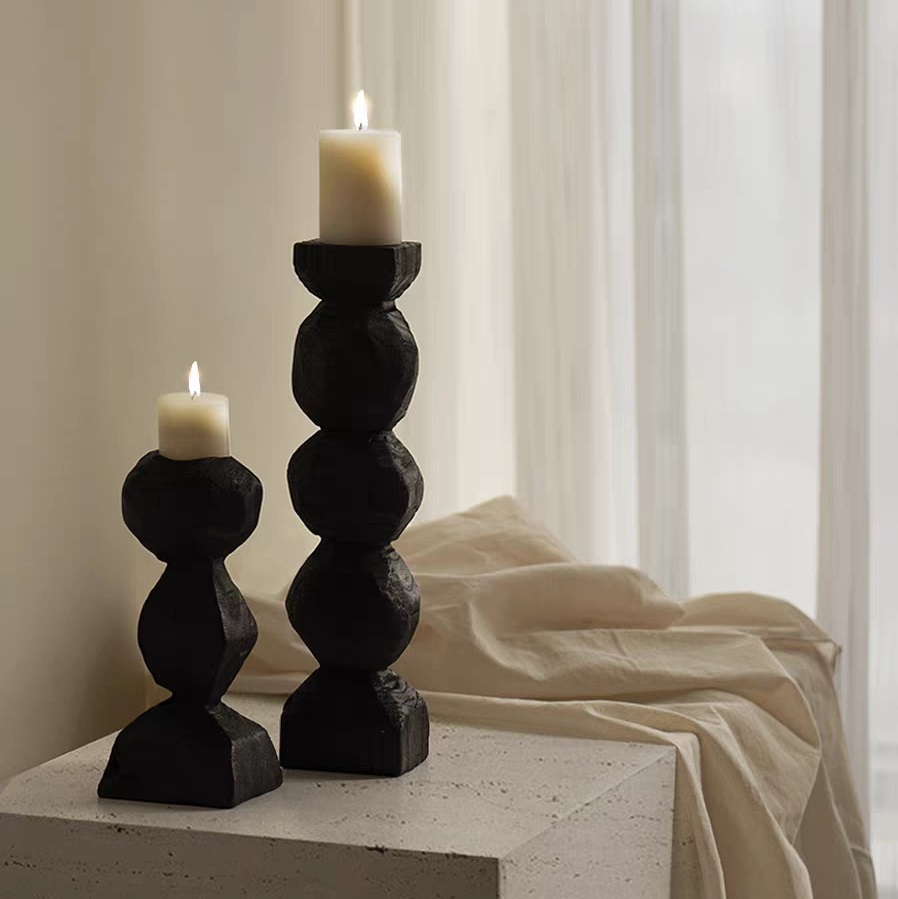 Solid Black Wood Candle Holder