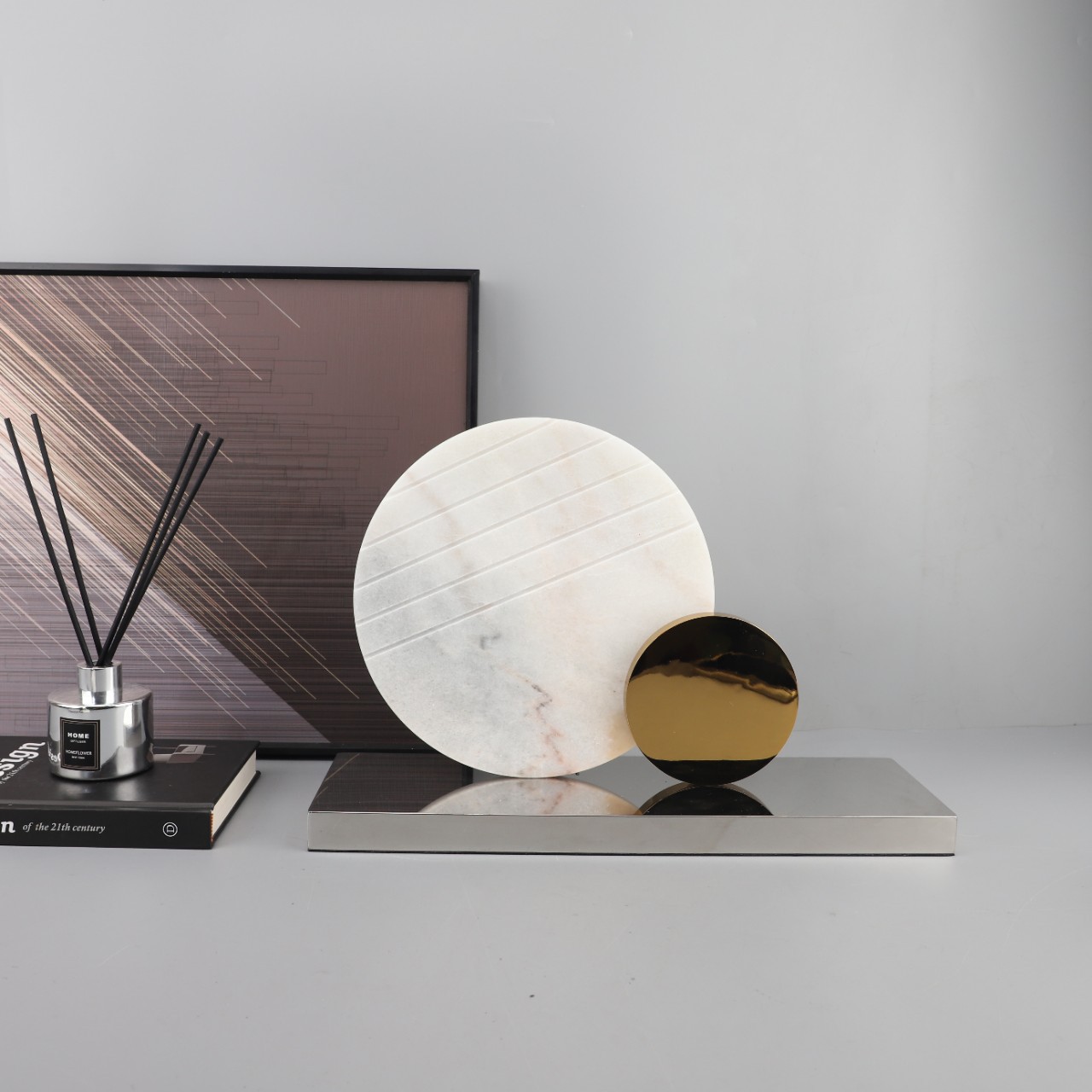 Geometric Marble and Gold Metal Art